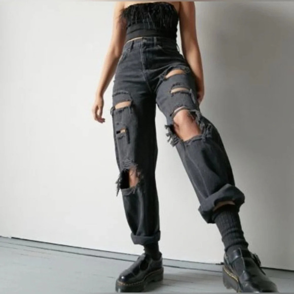 BDG Urban Outfitter Jeans Women’s 27 Black High Rise Baggy Skater Ripped Grunge - Picture 3 of 16